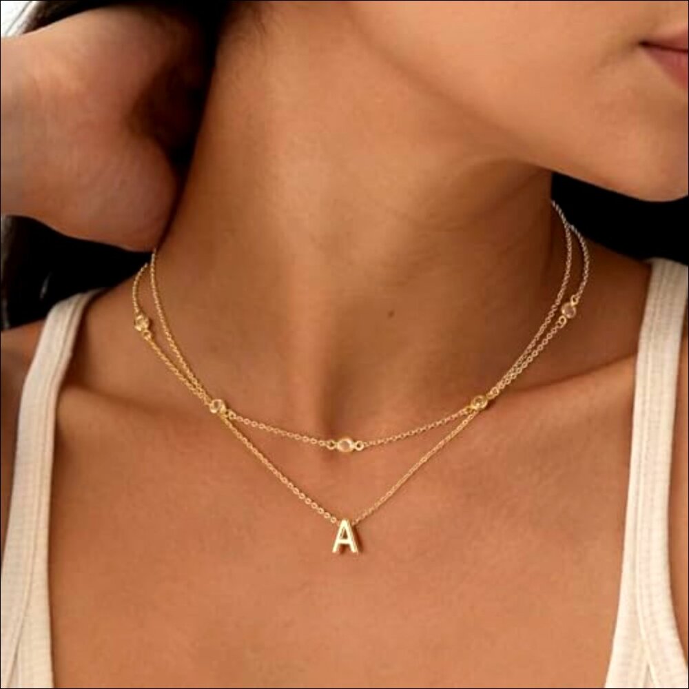 14K Gold-Plated Dainty Layered Initial Necklace with Cubic Zirconia - Picture 2 of 7